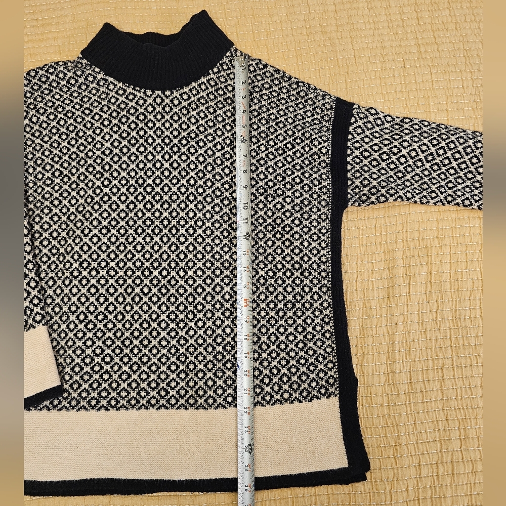 J. Jill‎ Mock Neck Sweater Black Cream Geometric Print Split Side Drop Shoulder - Picture 7 of 9